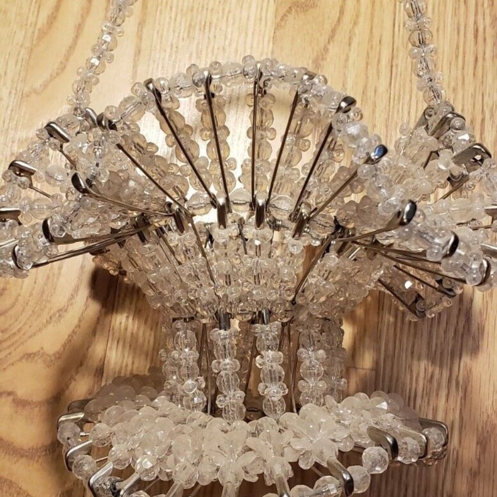 Vintage Mid Century Safety Pin Art Basket Clear Beads Decor Handmade